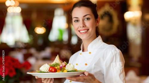 Friendly smiling female waiter with a dish in restaurant setting