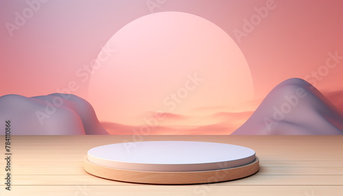 3D rendering of a pink and purple landscape with a white podium in the foreground.