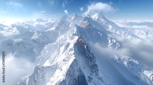 Majestic Snow Capped Peaks Reaching Towards Ethereal Skies in Awe Inspiring Mountainous Landscape © Sittichok