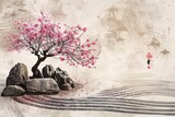 serene zen garden with raked sand rocks and a blossoming cherry tree japanese ink painting digital ilustration