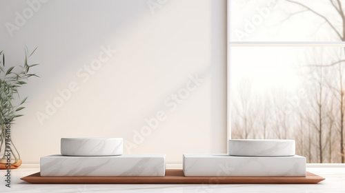 3D rendering of a white marble podium with a wooden base against a white background.