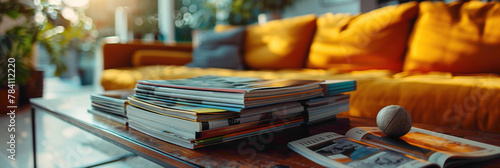 Macro shot of a stack of fashion magazines on a coffee table  hyperrealistic photography of modern interior design