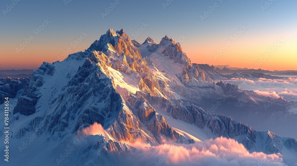 Majestic Alpian Peaks Aglow in Vibrant Sunset Lighting Over Serene Wilderness Landscape