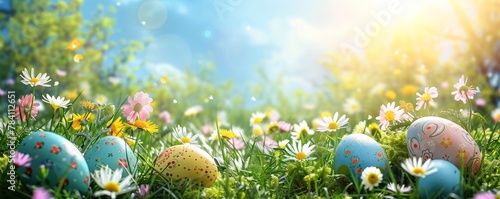 Spring garden background with hidden Easter eggs, clear and plain for text photo