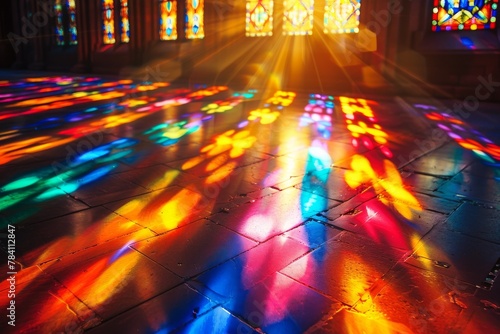 Soft sunlight filtering through stained glass windows in a church, isolated background for text, clear and bright