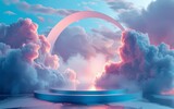 Blue background with a product podium surrounded by pink clouds Smoke fog steam background Vector illustration