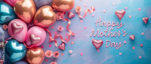 Happy Mother's Day with heart-shaped balloons and confetti . 