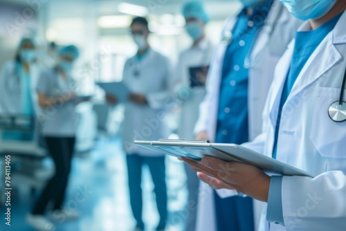 Healthcare team in a bustling hospital, with a doctor standing out holding a folder