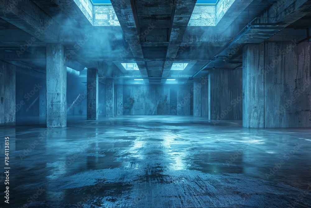 underground concrete basement with blue lighting industrial grunge 3d illustration - obrazy, fototapety, plakaty 