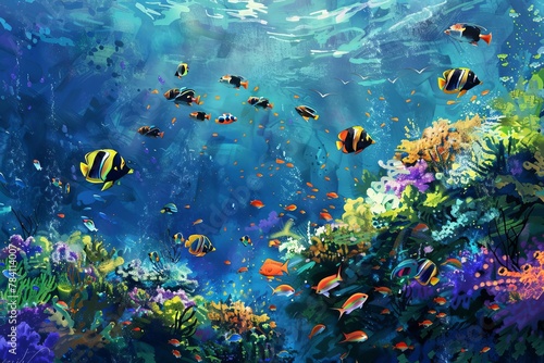 underwater world with colorful coral reef and tropical fish digital painting seascape digital ilustration #784114007