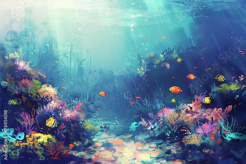 underwater world with colorful coral reef and tropical fish digital painting seascape digital ilustration