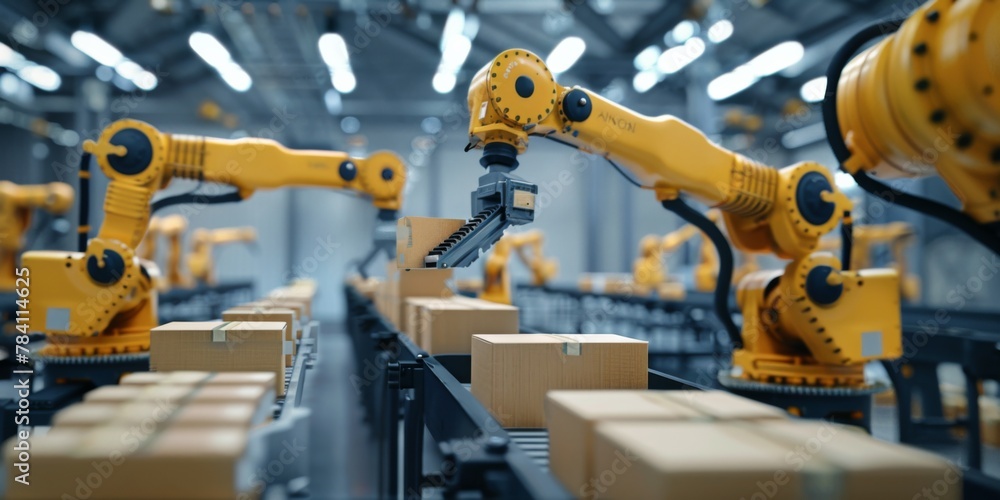 Yellow robots in a factory move boxes on a conveyor belt