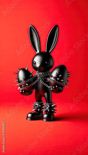 Punk rock black Easter bunny in chains, holding spiky eggs, on a bright red background, bold and vivid. ©  valentinaphoenix
