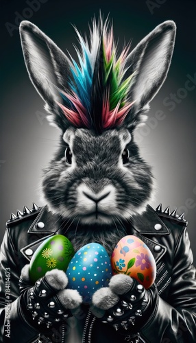 Punk rock style Easter bunny, edgy demeanor, holding colorful Easter eggs, contrast between festive and rebellious. ©  valentinaphoenix