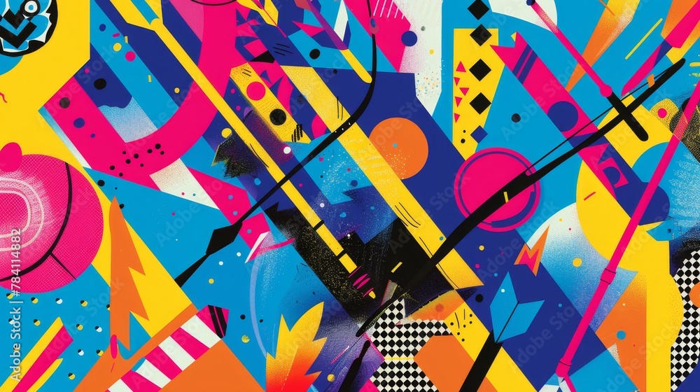 Archery bows and arrows floating in a psychedelic Memphis-inspired design AI generated illustration Archery bows and arrows floating in a psychedelic Memphis-inspired design AI generated illustration