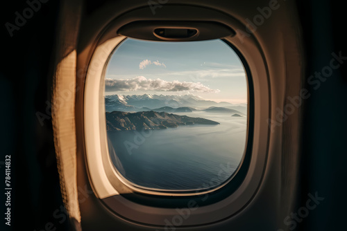 Window seat airplane overlooking mountains. sea.  photo.