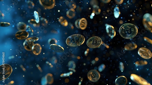 An isolated 3d scene of spinning virtual coins suspended in space AI generated illustration