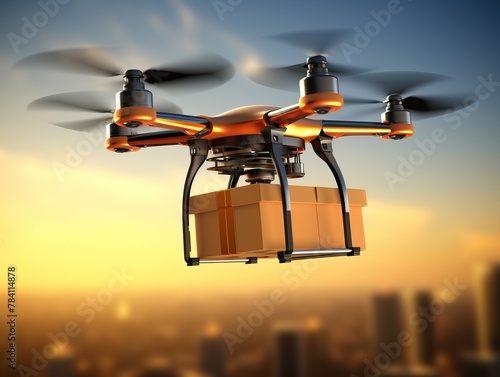 Realistic drone delivery service carrying package with ample copy space