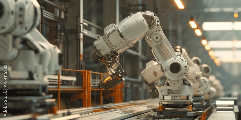 Fototapeta premium Robots on conveyor belt in factory assembling vehicles