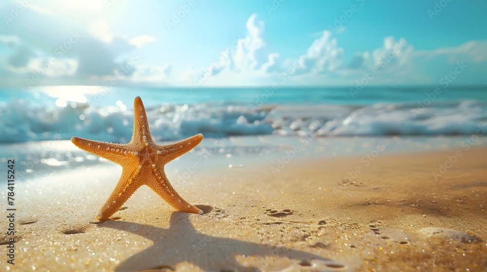 Sunny beach scene with a starfish, epitomizing summer vacation vibes. Sunny beach scene with a starfish, epitomizing summer vacation vibes.