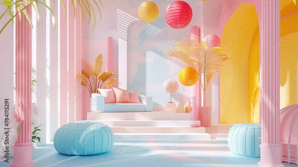 Bright and cheerful 3d elements in a dreamlike setting AI generated illustration Bright and cheerful 3d elements in a dreamlike setting AI generated illustration