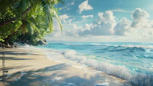 Tropical beach scene with rolling waves, capturing the essence of summer. photo