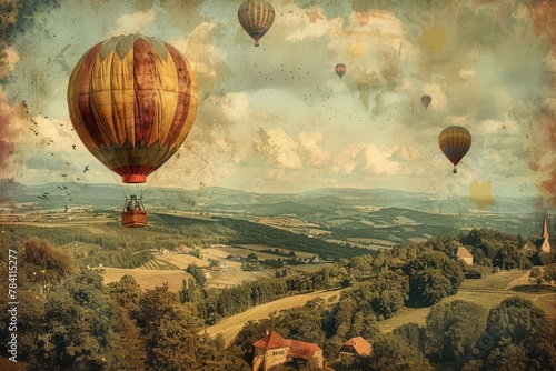 vintage hot air balloons flying over picturesque countryside whimsical adventure illustration