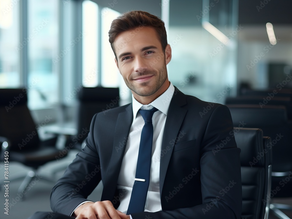 Happy businessman sitting in office, looking at camera with a confident smile Happy businessman sitting in office, looking at camera with a confident smile