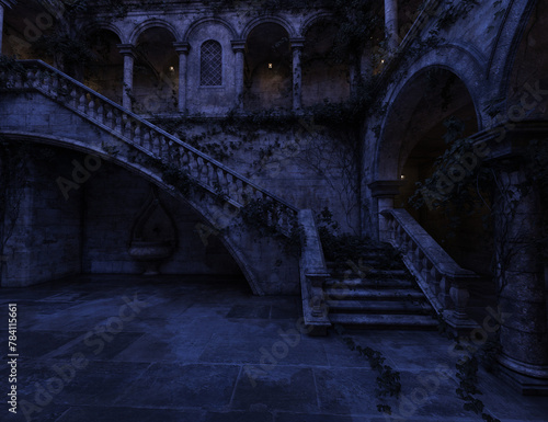 3D rendered fantasy background of a Victorian mansion and its patio's corridors at night 