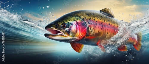 Panoramic banner of rainbow trout jumping out of water with splashing fish taking bait photo
