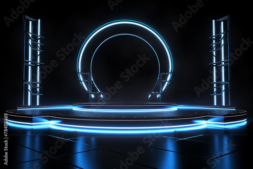 A glowing blue and black stage with a circular backdrop. photo