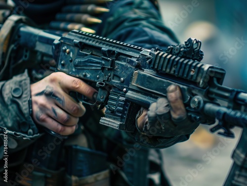 Close-up photo of a man holding a machine gun with real color