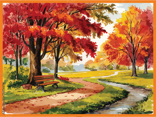 A classic watercolor scene of an autumn park bench  landscape nestled among trees captured in vibrant hues on vector illustration art