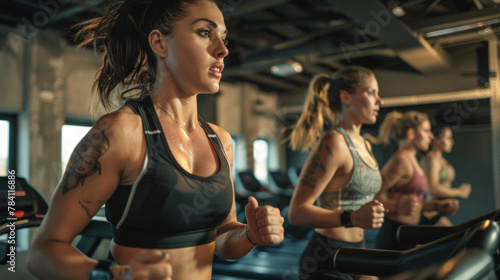 group of females exercising on treadmill in gym with friends, modern fitness center on background