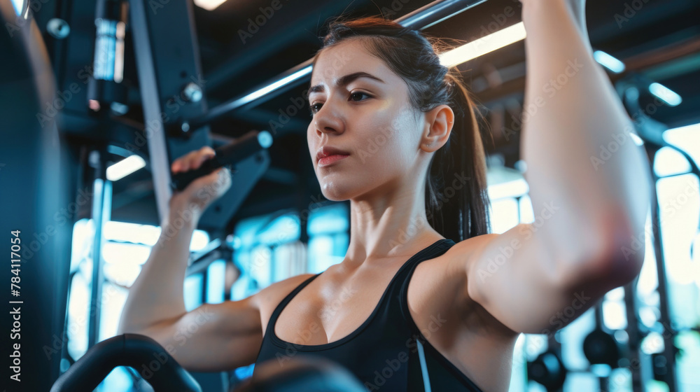 Fototapeta premium smiling muscular woman doing exercises in gym