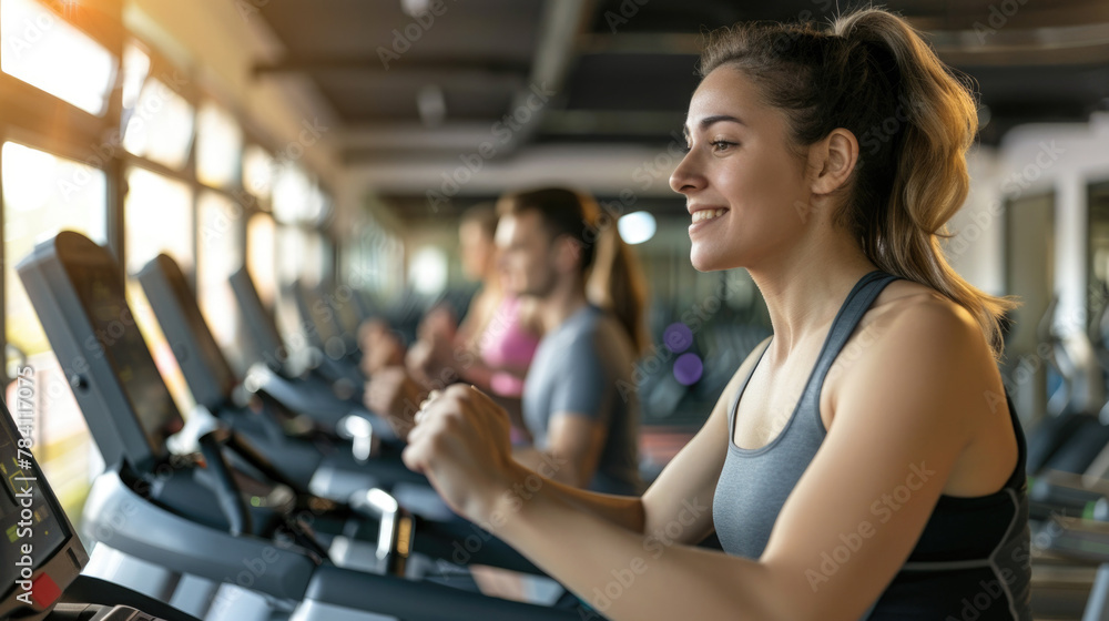 young smiling woman exercising on treadmill in gym with friends, modern fitness center on background