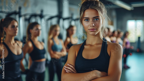 young female woman closeup with group females in gym do physical exercises  design for fitness sport athletic training dancing yoga classes 