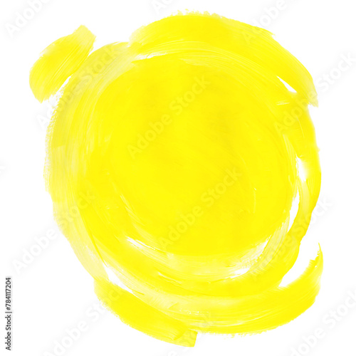Żółta plama pędzla farba akrylowa. Rozmazany abstrakcyjny kształt plamy i rozmazów z teksturą. Wyodrębniona z tła. 