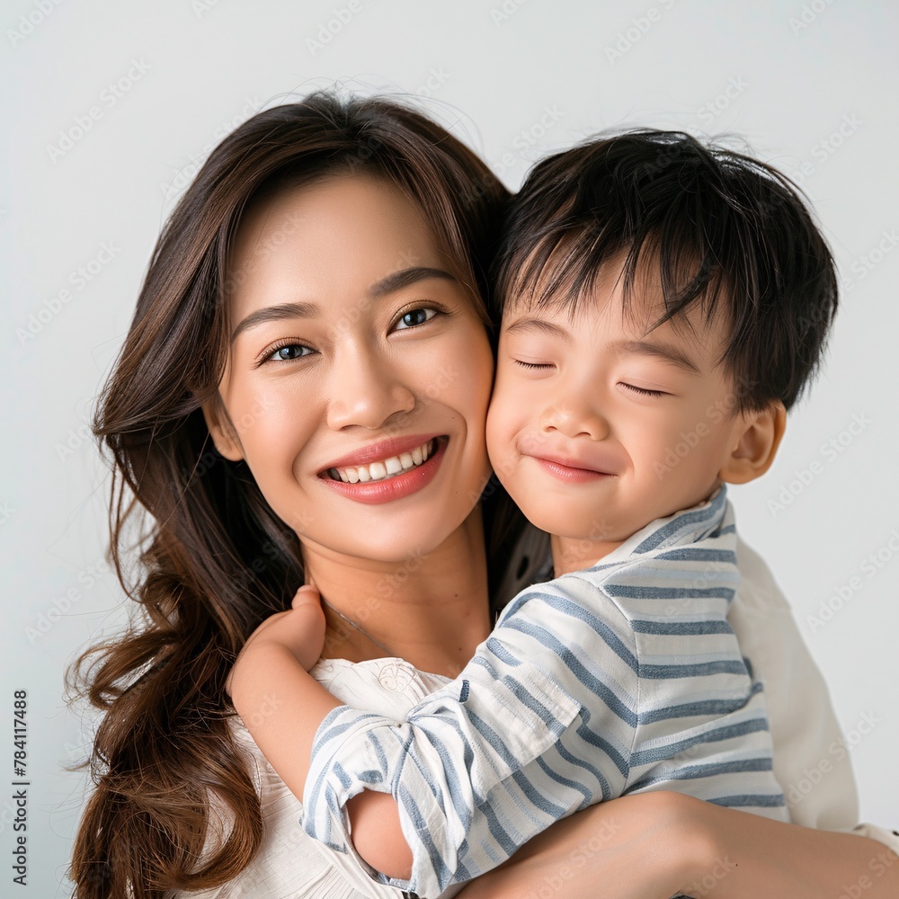 Asian mother hugging her child on background Asian mother hugging her child on background