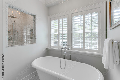 Freestanding Bathtub by Large Windows with Plantation Shutters, Glass Shower View