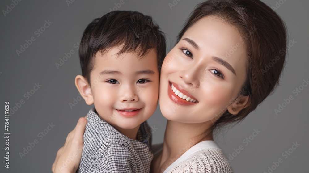Asian mother hugging her child on background Asian mother hugging her child on background