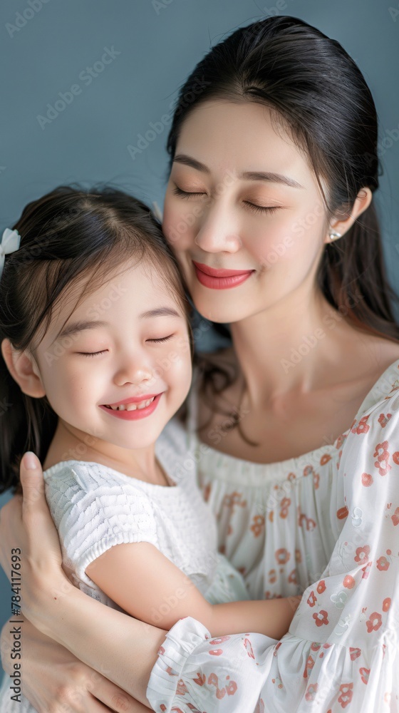 Asian mother hugging her child on background Asian mother hugging her child on background