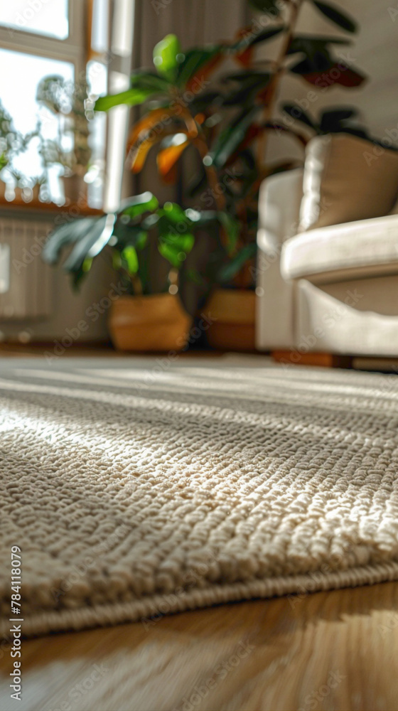 Macro shot of a textured area rug in a contemporary living room, scandinavian style interior