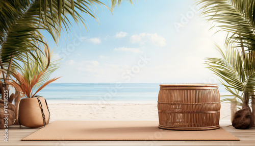 A photo of a beautiful beach with a palm tree, a yoga mat, and a wicker basket.
