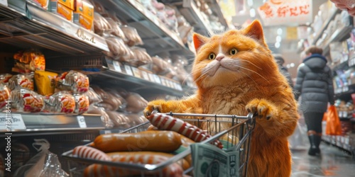 Cat pushing a cart full of meat in a grocery store photo