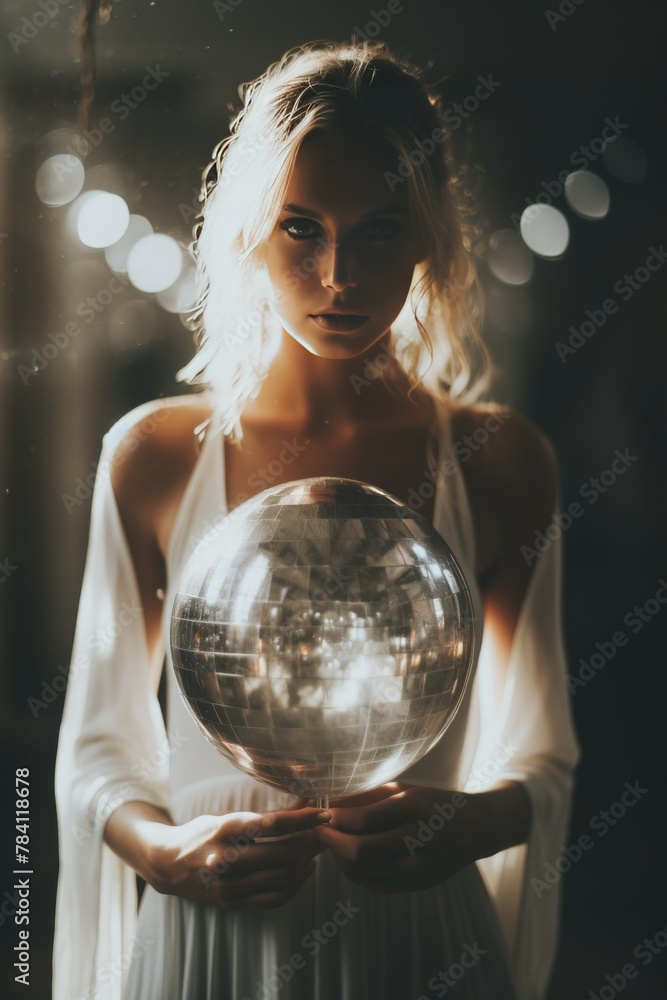 Naklejka premium Elegant lady in chic white outfit, gracefully holding a sparkling disco ball, emanating sophistication and charm in a dimly lit environment, embodying a perfect blend of grace, glamour, and poise.