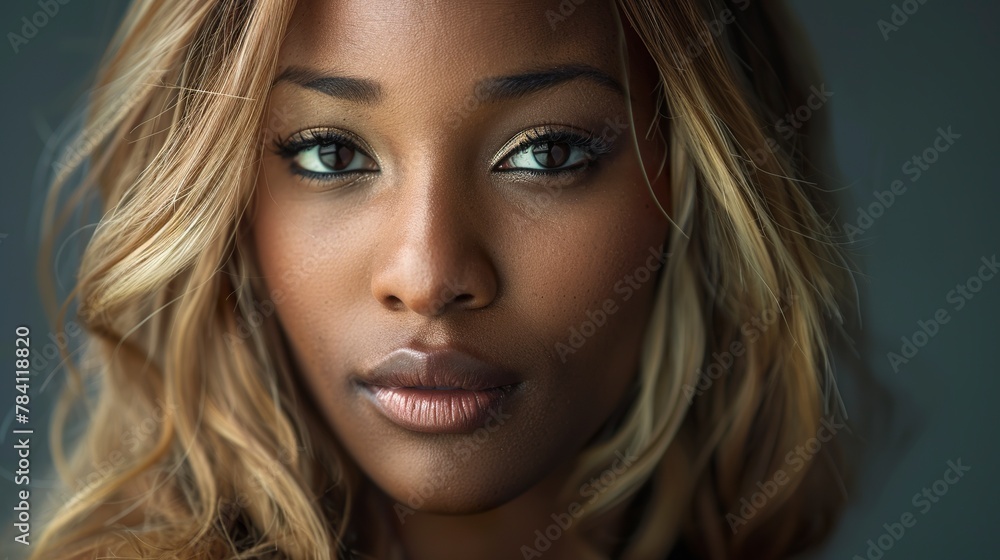 A studio portrait shows an African woman with blonde hair, bathed in natural light that highlights her unique beauty. Portrait of a woman with delicate and beautiful features. A studio portrait shows an African woman with blonde hair, bathed in natural light that highlights her unique beauty. Portrait of a woman with delicate and beautiful features.