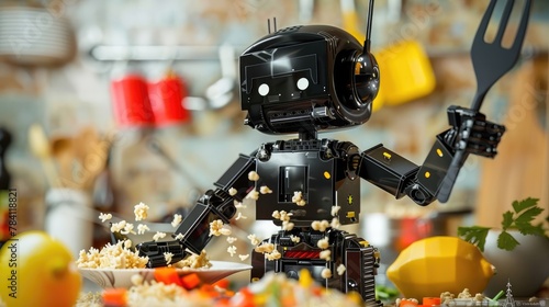 A Black Robot Chef Flipping Ingredients for the Perfect Fried Rice Dish in a Futuristic 3D Blender Kitchen Scene photo