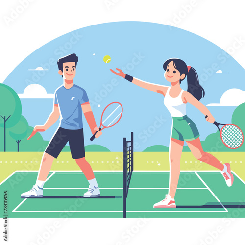 young couple playing tennis in a flat design style