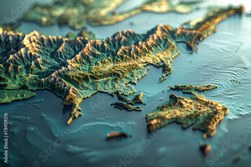 Highly detailed 3D relief map of an archipelago with various elevations.